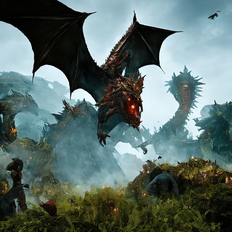 Warrior with sword confronts massive dragon in gloomy sky scene