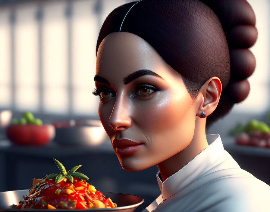 3D-rendered image of woman in chef attire with styled bun and strawberry garnish