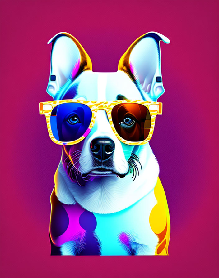 Colorful Dog with Sunglasses on Magenta Background