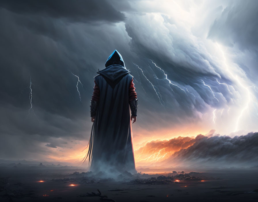 Cloaked Figure in Stormy Landscape with Lightning Strikes