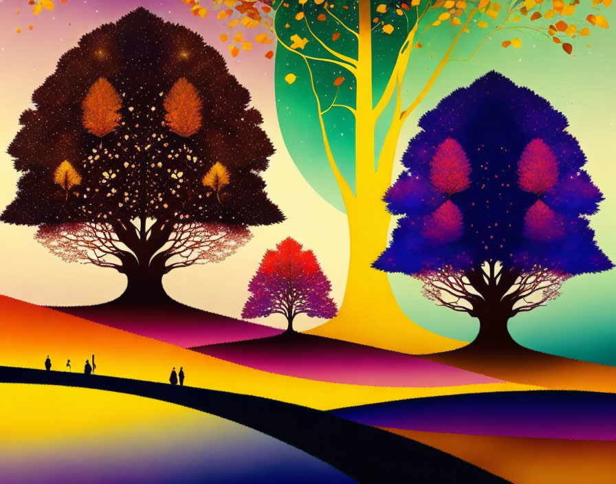 Colorful autumn landscape with stylized trees and silhouetted figures under vibrant sky