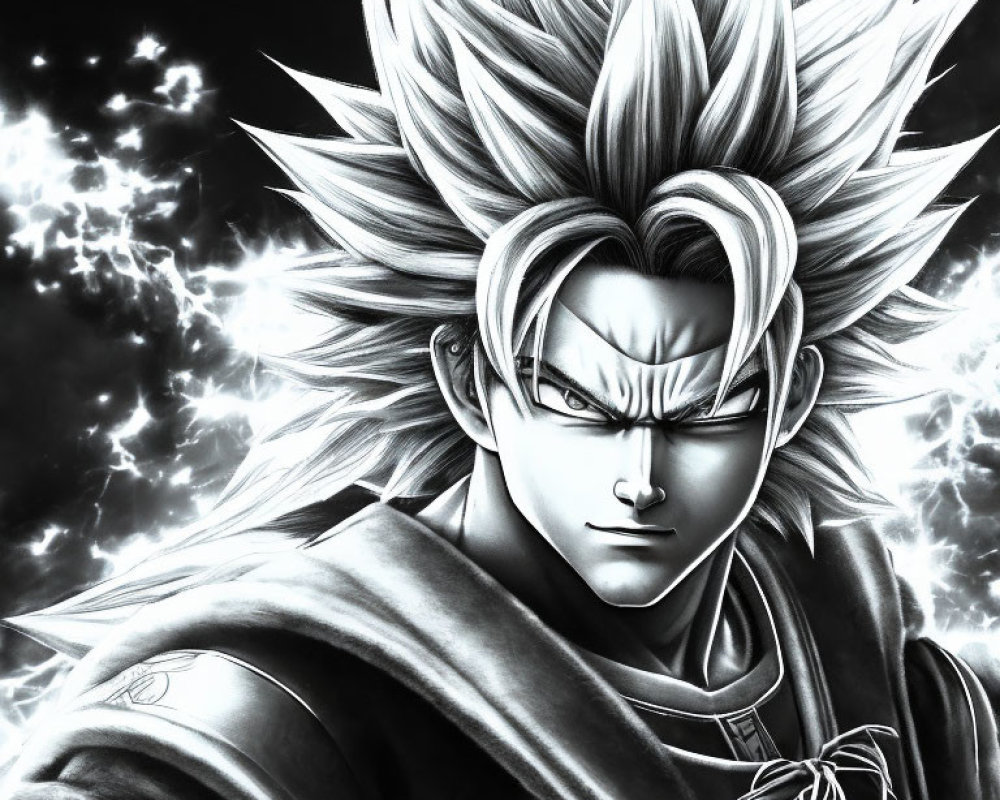 Monochrome anime character with spiky hair and cloak in electric background