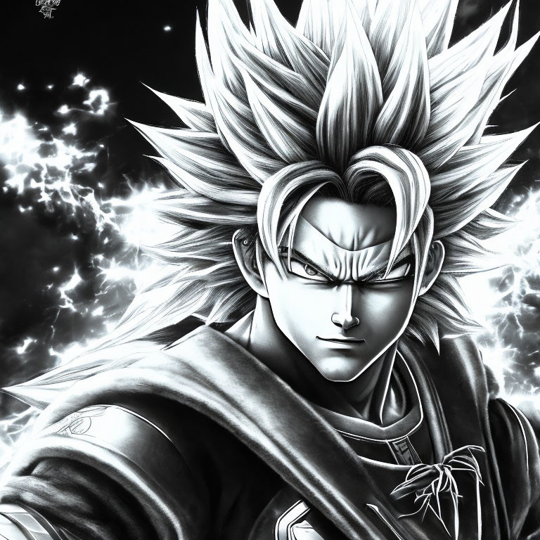 Monochrome anime character with spiky hair and cloak in electric background