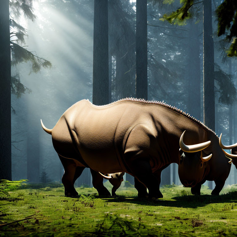 Rhinoceros in misty forest with sunbeams