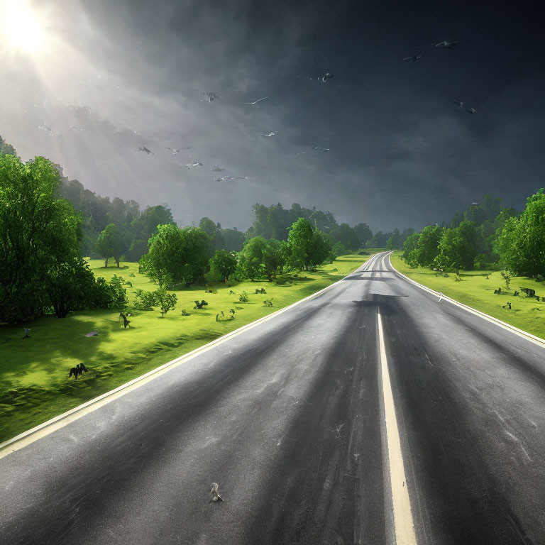 Tranquil road surrounded by lush greenery under dramatic sky