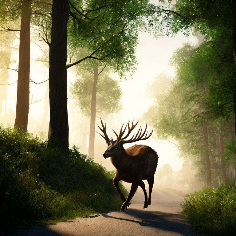 Majestic stag with large antlers in misty forest setting