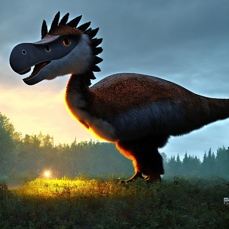 Feathered dinosaur in forest at sunrise captured in CGI