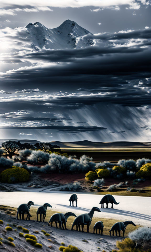 Surreal snow-capped mountain and elephant-shaped bushes in landscape