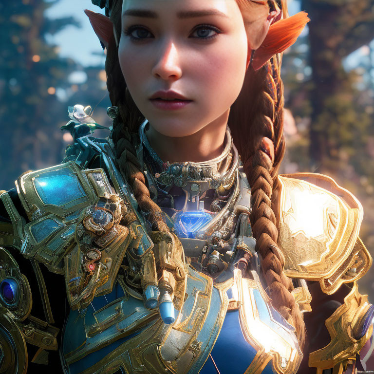 Detailed digital portrait of female elf in blue and gold armor against forest backdrop