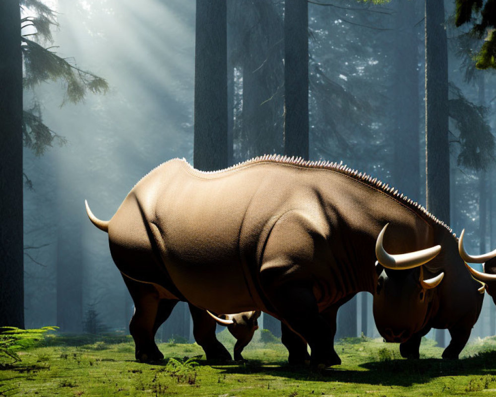 Rhinoceros in misty forest with sunbeams