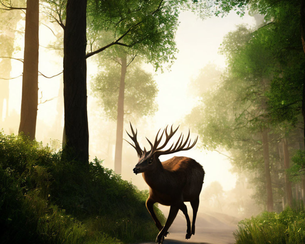 Majestic stag with large antlers in misty forest setting