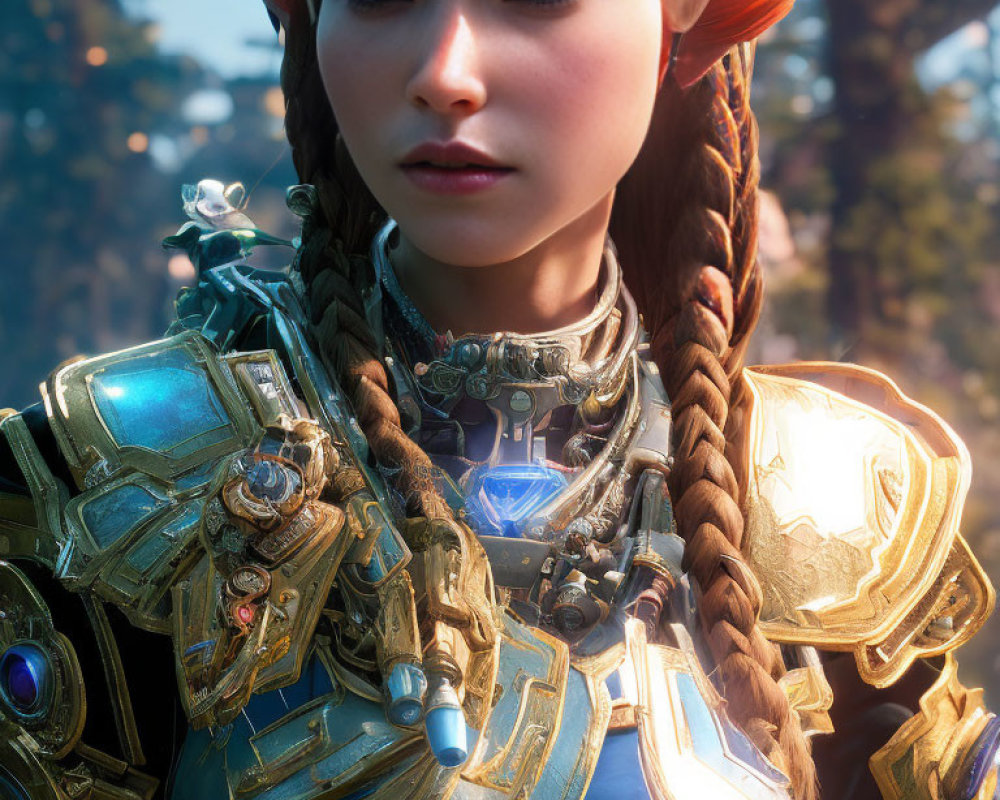 Detailed digital portrait of female elf in blue and gold armor against forest backdrop