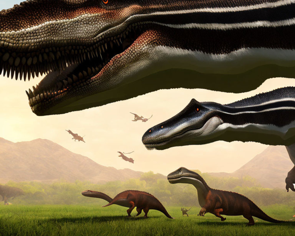 Two large theropod dinosaurs dominate a prehistoric landscape with smaller dinosaurs and flying pterosaurs.