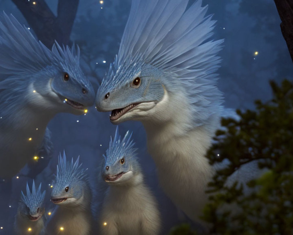 Fantastical creatures with blue scales and white plumage in dimly lit forest