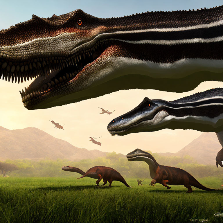 Two large theropod dinosaurs dominate a prehistoric landscape with smaller dinosaurs and flying pterosaurs.