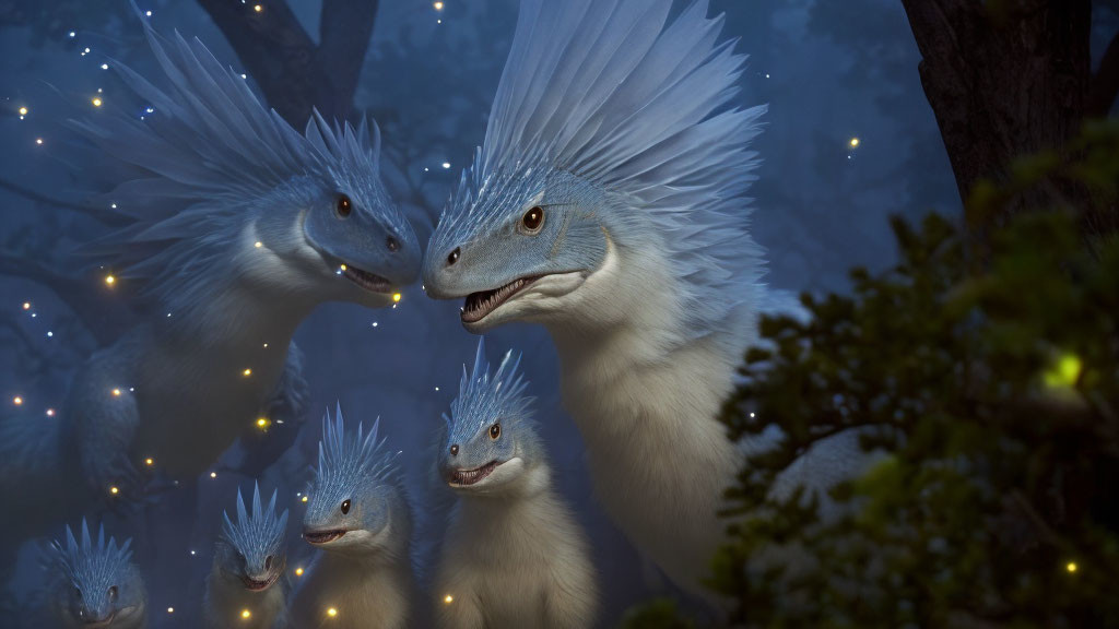 Fantastical creatures with blue scales and white plumage in dimly lit forest