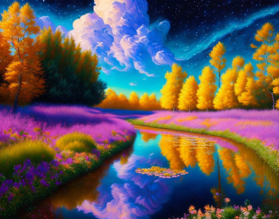 Surreal landscape with river, purple fields, autumn trees, starry sky