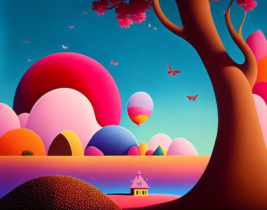 Colorful illustration of rolling hills, pink tree, butterflies, hot air balloons, and a solitary house