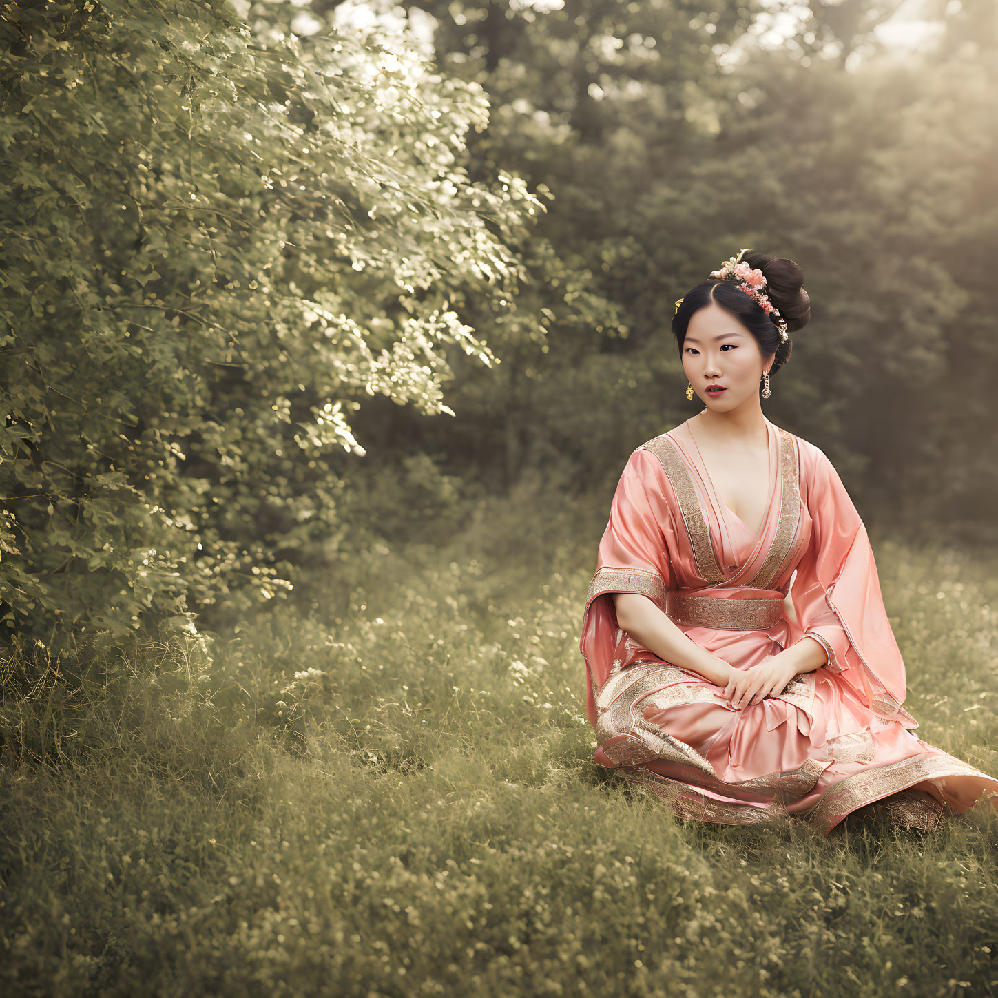 Traditional Asian Attire Woman Sitting Serenely Outdoors