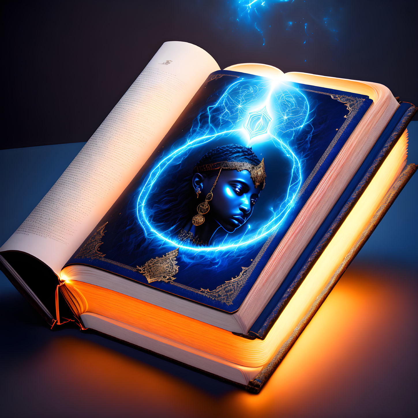 Open book with mystical woman illustration in radiant blue energy