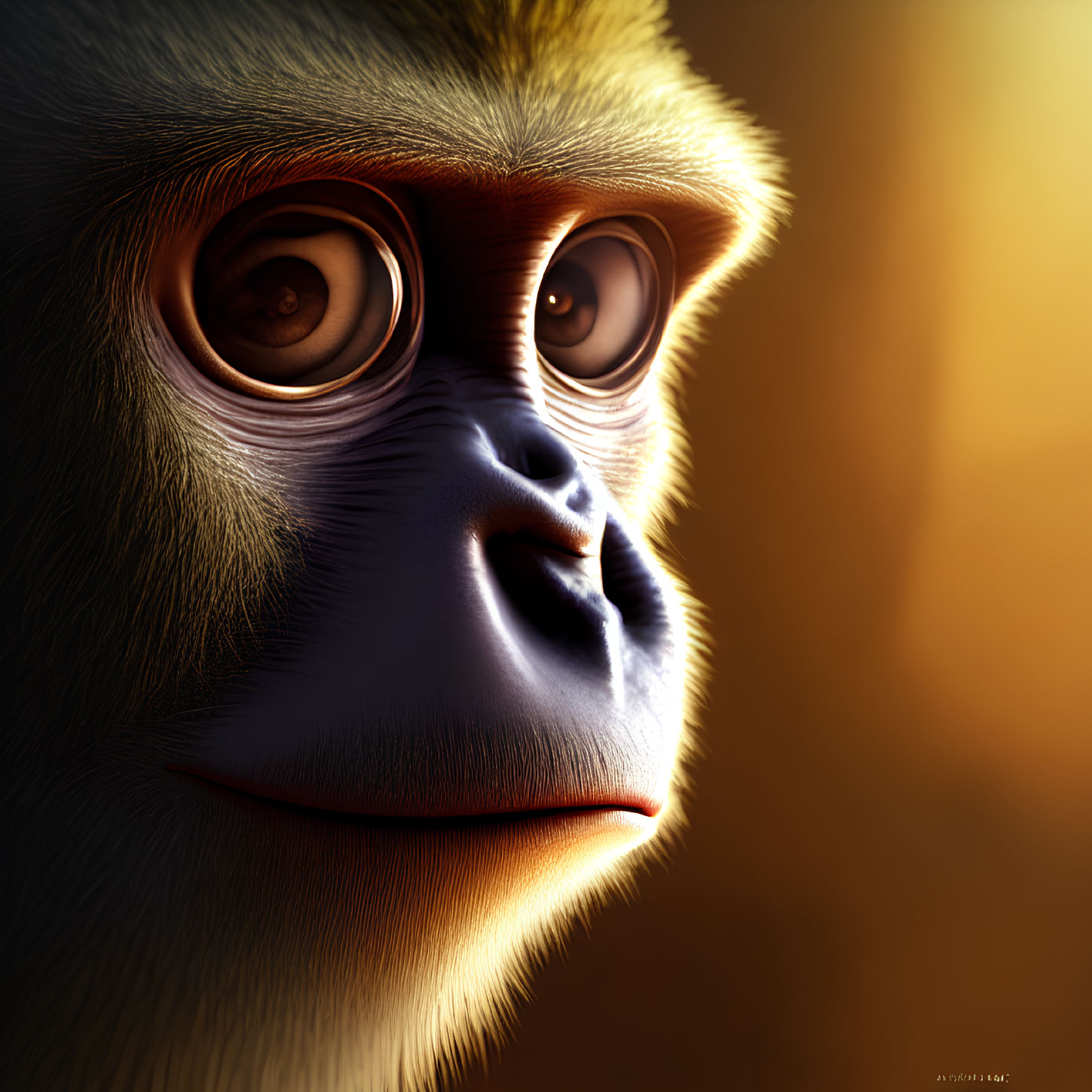 Realistic monkey portrait with large expressive eyes in warm lighting