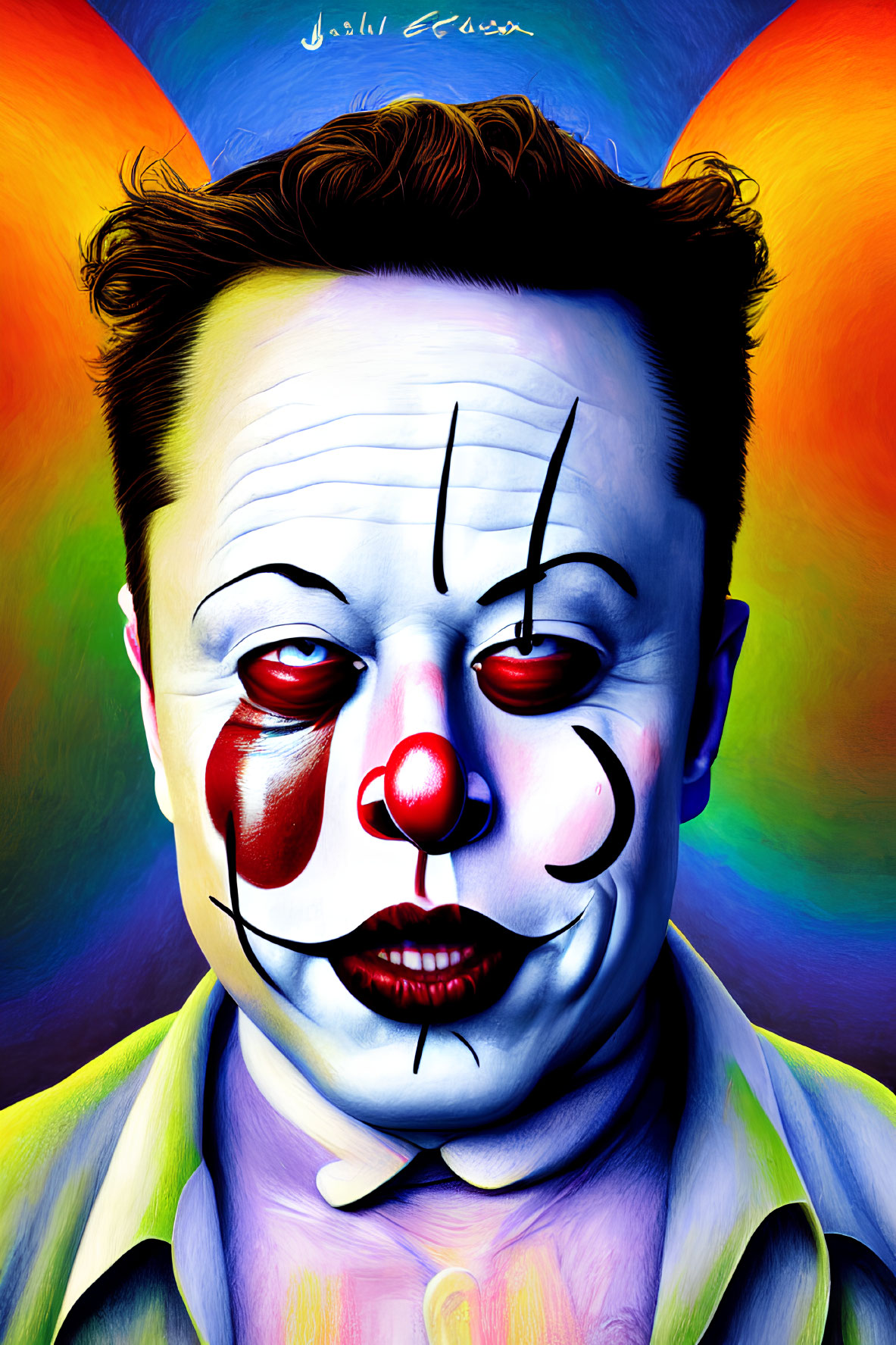 Vibrant portrait of a man in clown makeup on colorful background