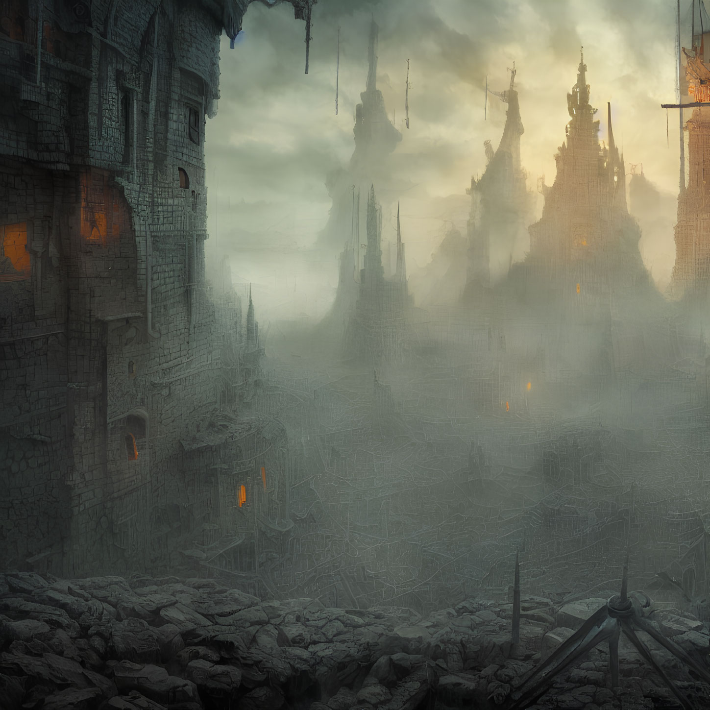 Misty dystopian cityscape with floating islands and foreboding castle