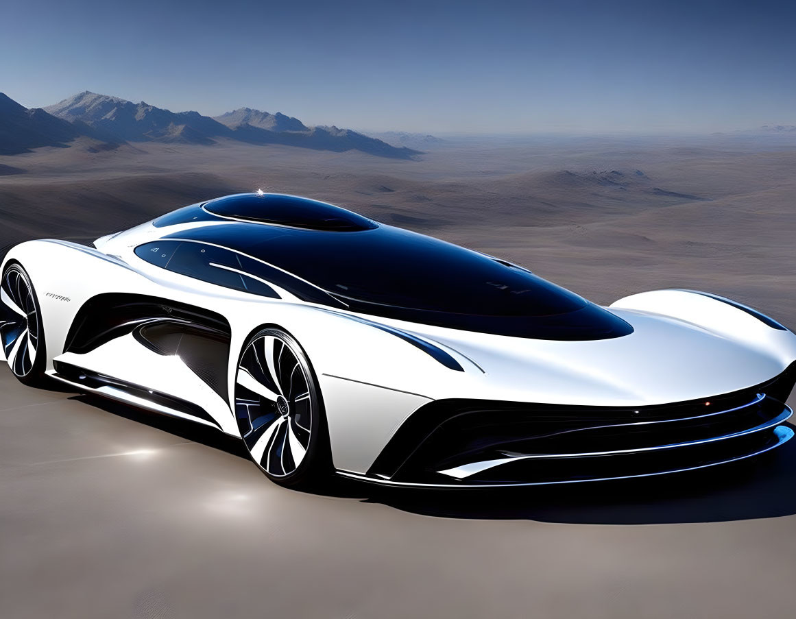 Futuristic white car with black accents in desert landscape