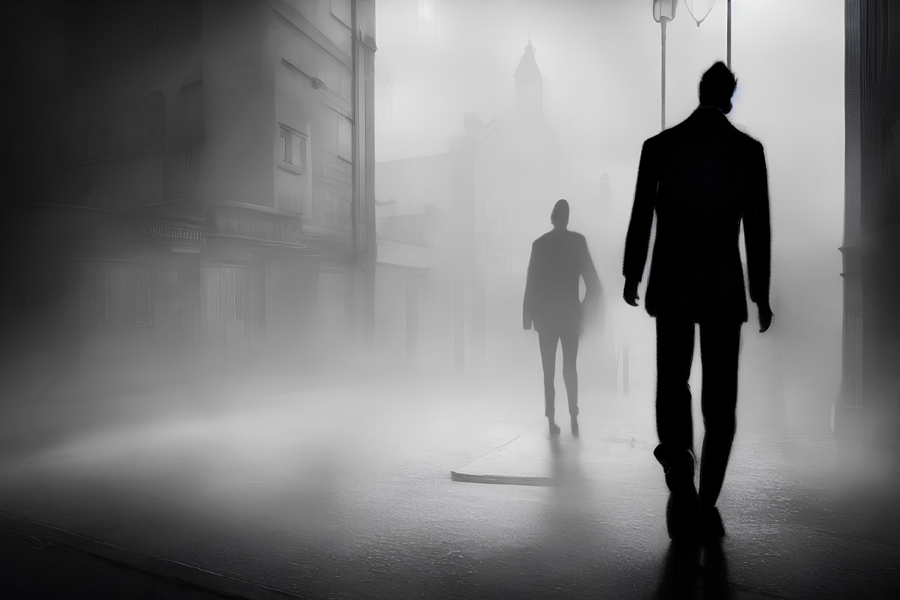 Silhouetted figures walking in foggy urban setting