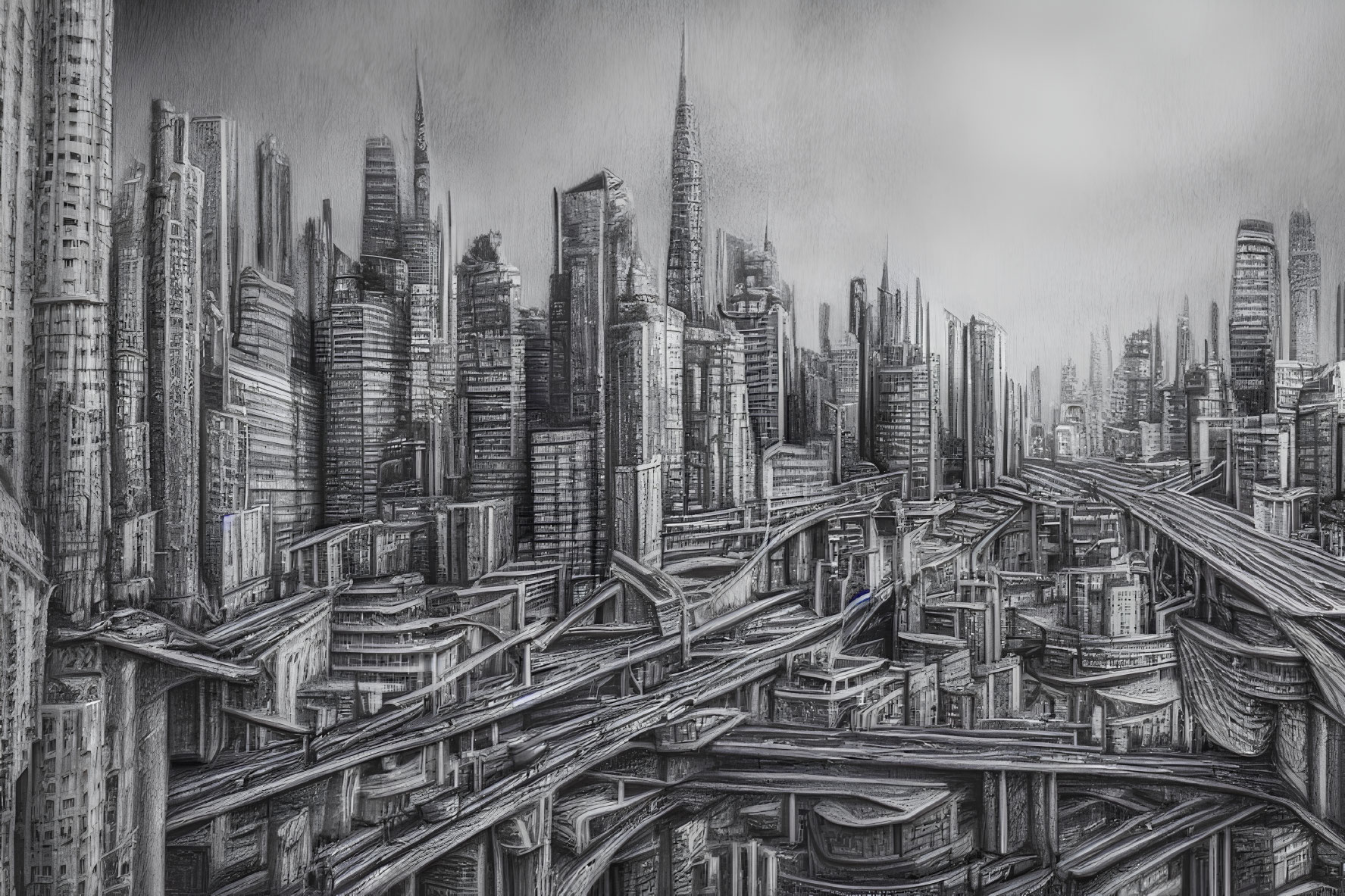 Monochrome sketch of futuristic cityscape with towering skyscrapers.