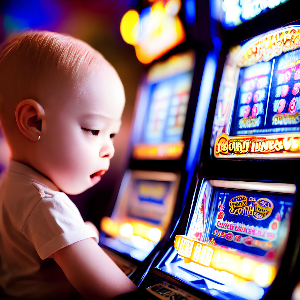 Baby captivated by colorful slot machine screen