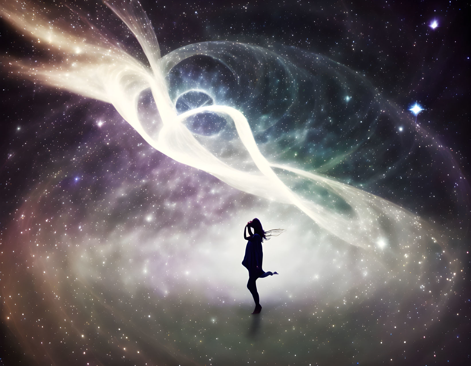 Silhouette of woman with flowing hair in cosmic backdrop.