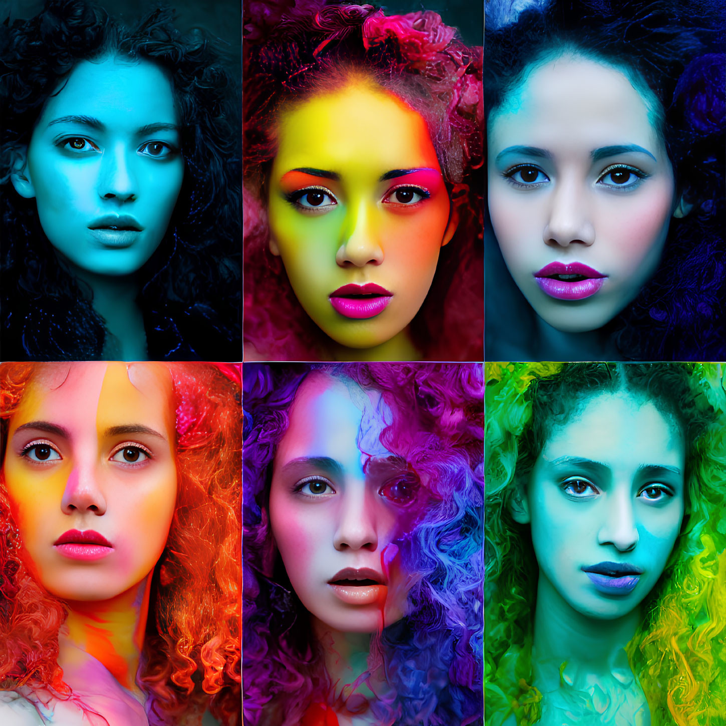 Six vibrant artistic portraits of a woman with bold makeup and multi-colored lighting.