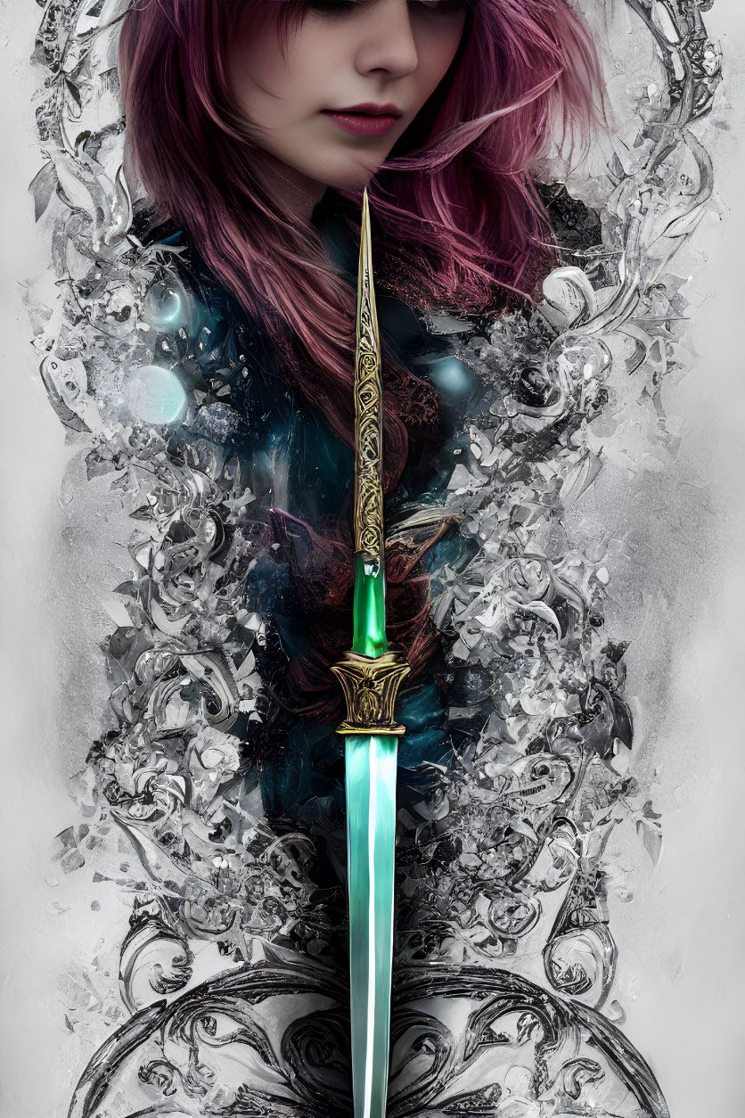 Purple-haired person with ornate glowing sword in fantasy setting