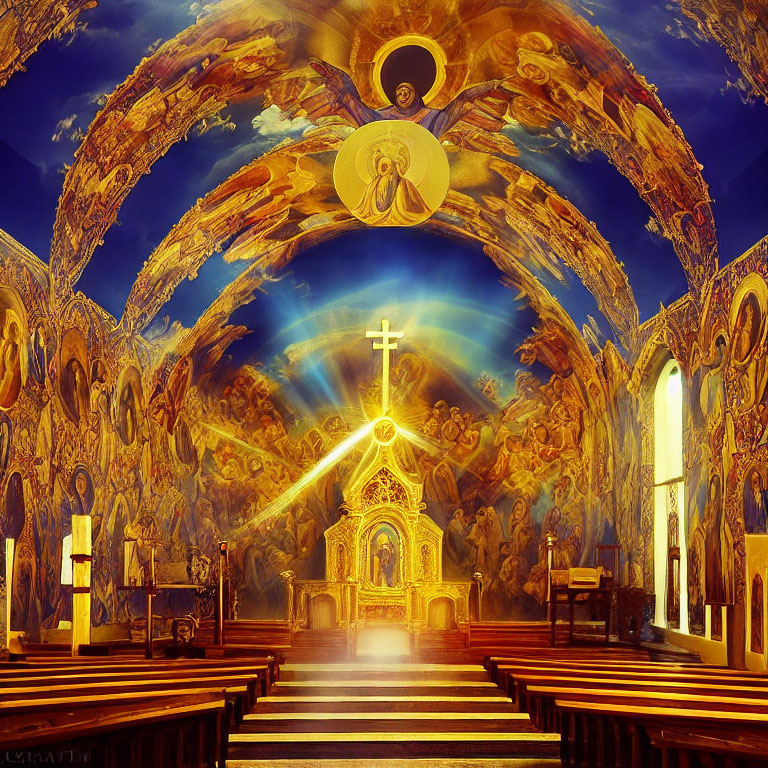 Golden altar, frescoed ceilings, radiant cross in ornate church interior