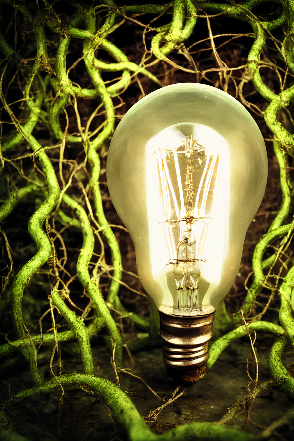 Vintage-style illuminated light bulb entwined with moss-covered roots in dark ambiance