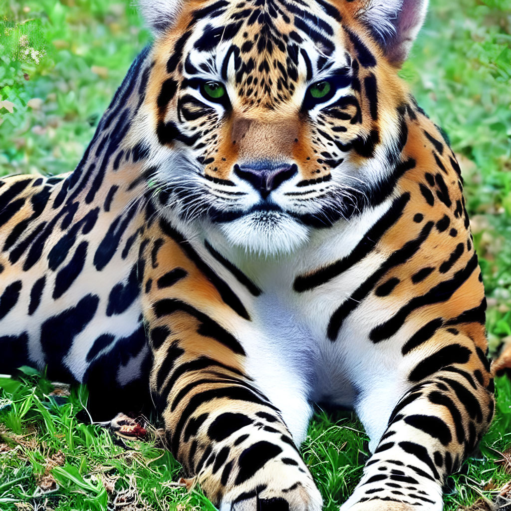 Majestic tiger with orange, black, and white fur on green grass