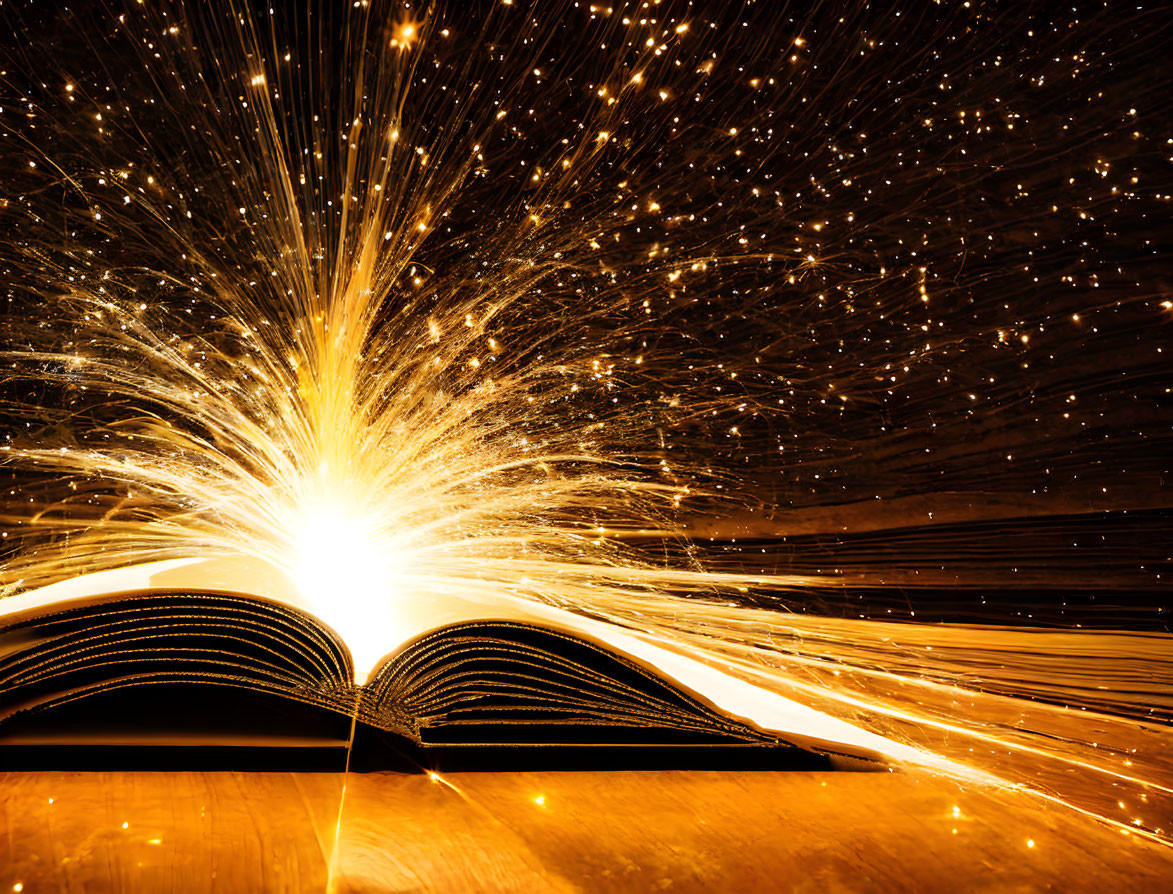 Illuminated Open Book with Magical Spark Effect