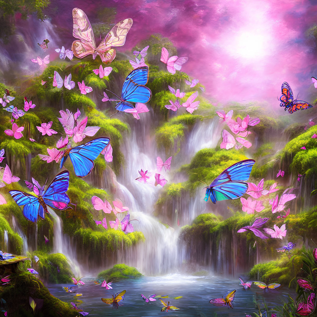 Scenic waterfall with lush greenery and colorful butterflies