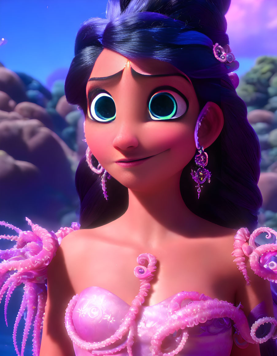 Animated character with blue eyes and pink dress featuring octopus-like details