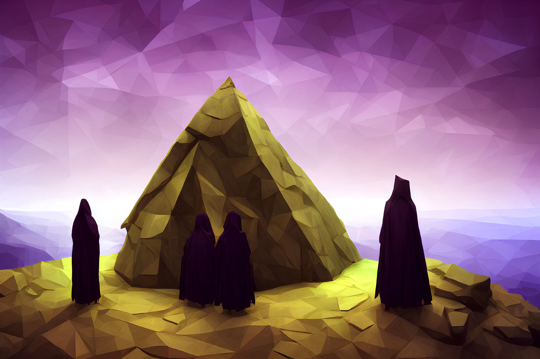 Abstract low-poly pyramid art with three figures under purple sky