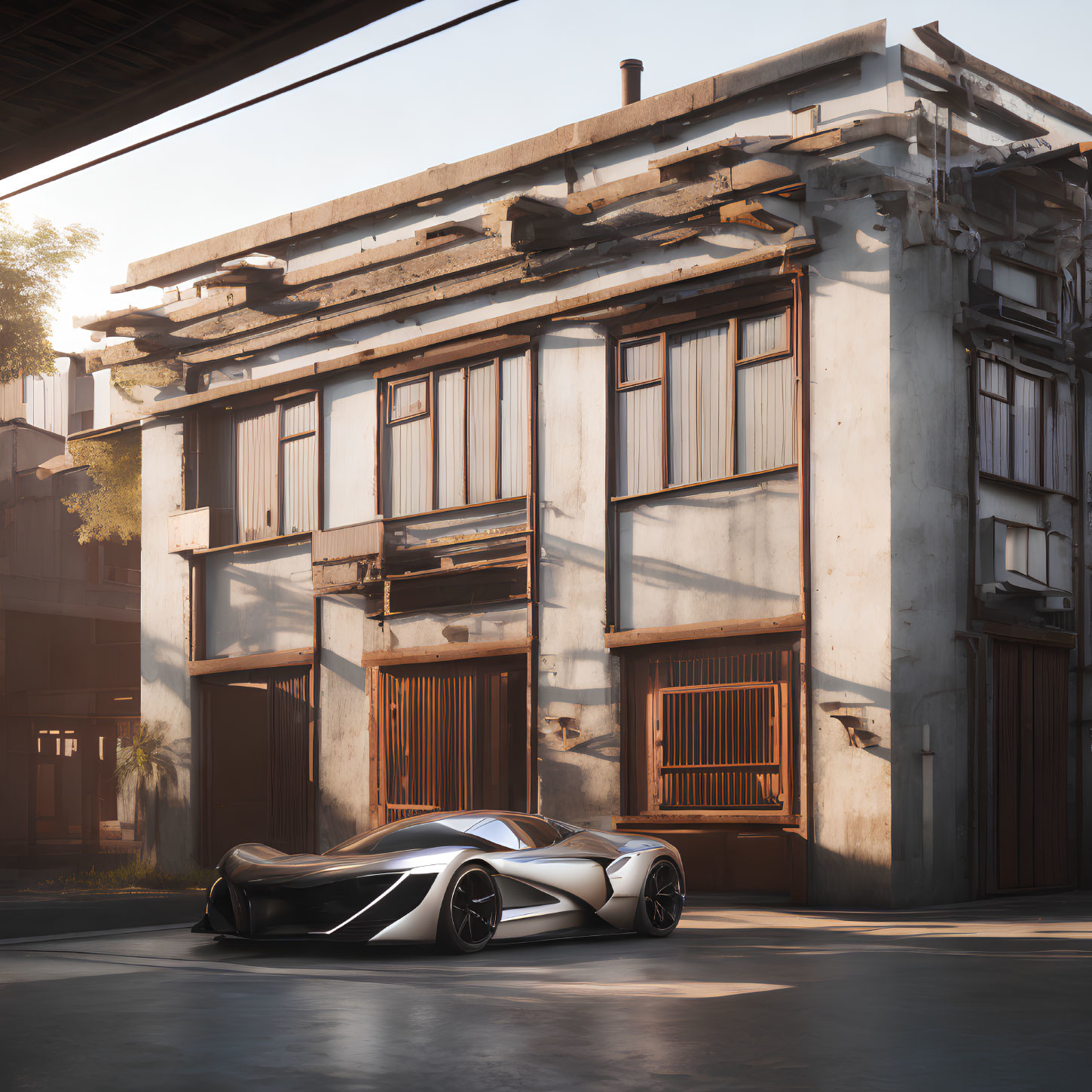 Futuristic sports car parked by dilapidated building and bridge in soft sunlight