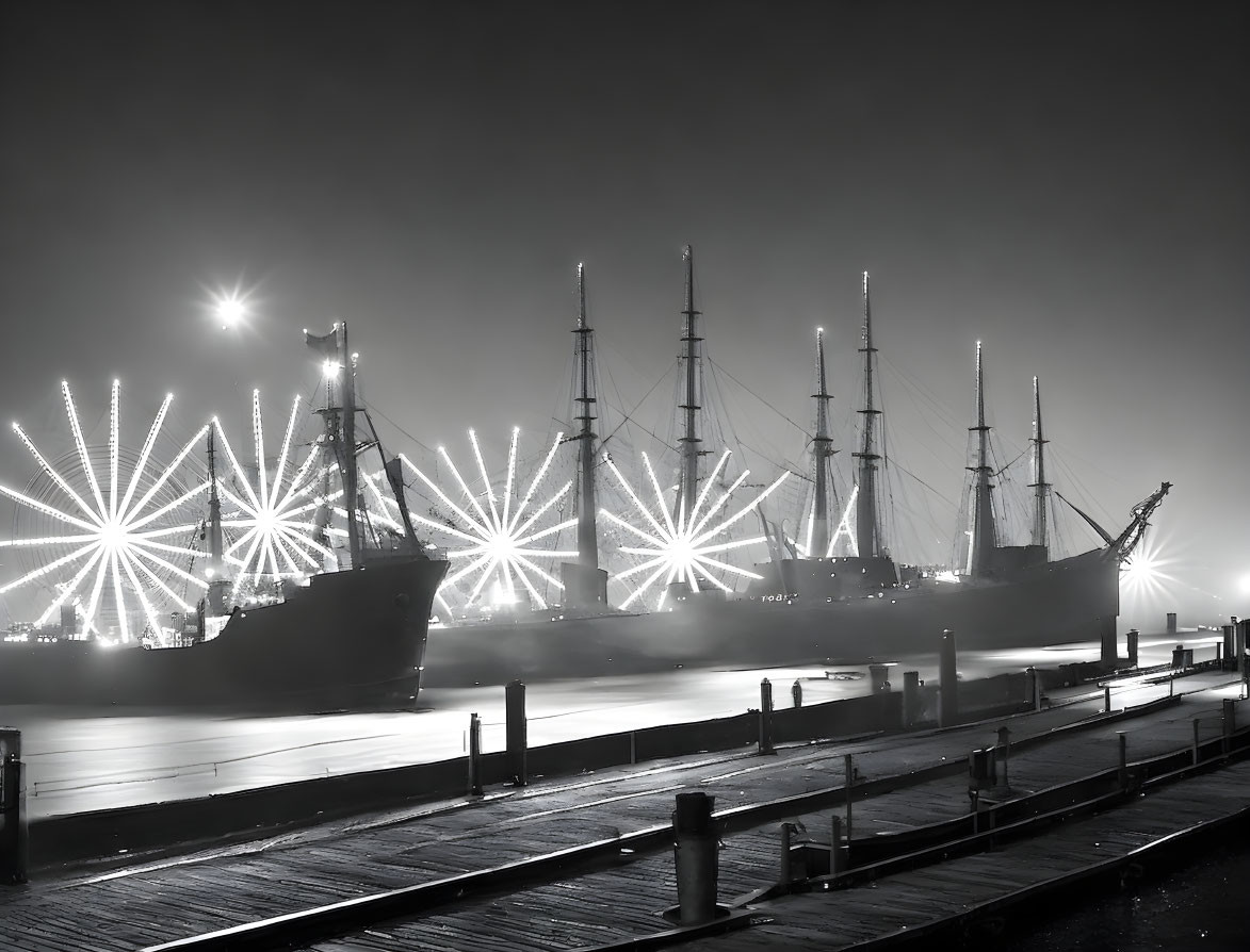Historic sailing ships at foggy pier with star-shaped lights and wooden dock.