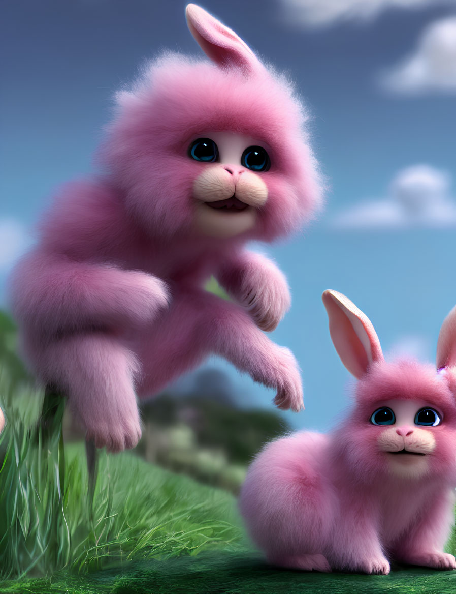 Two fluffy pink cartoon rabbits in grassy landscape