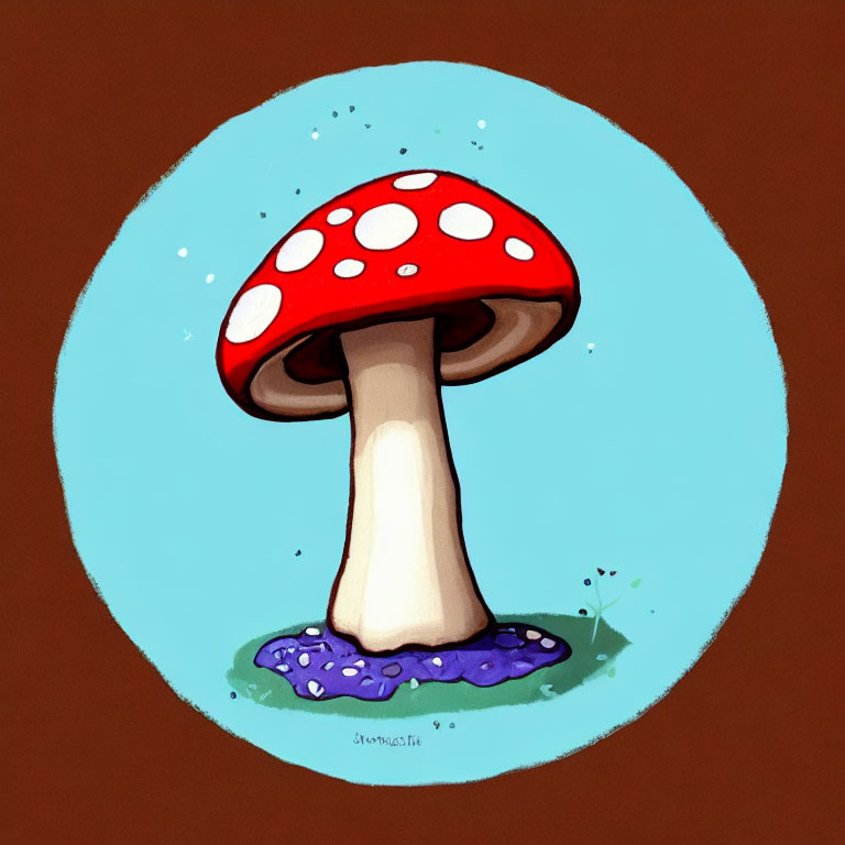 Stylized red mushroom with white spots on brown background