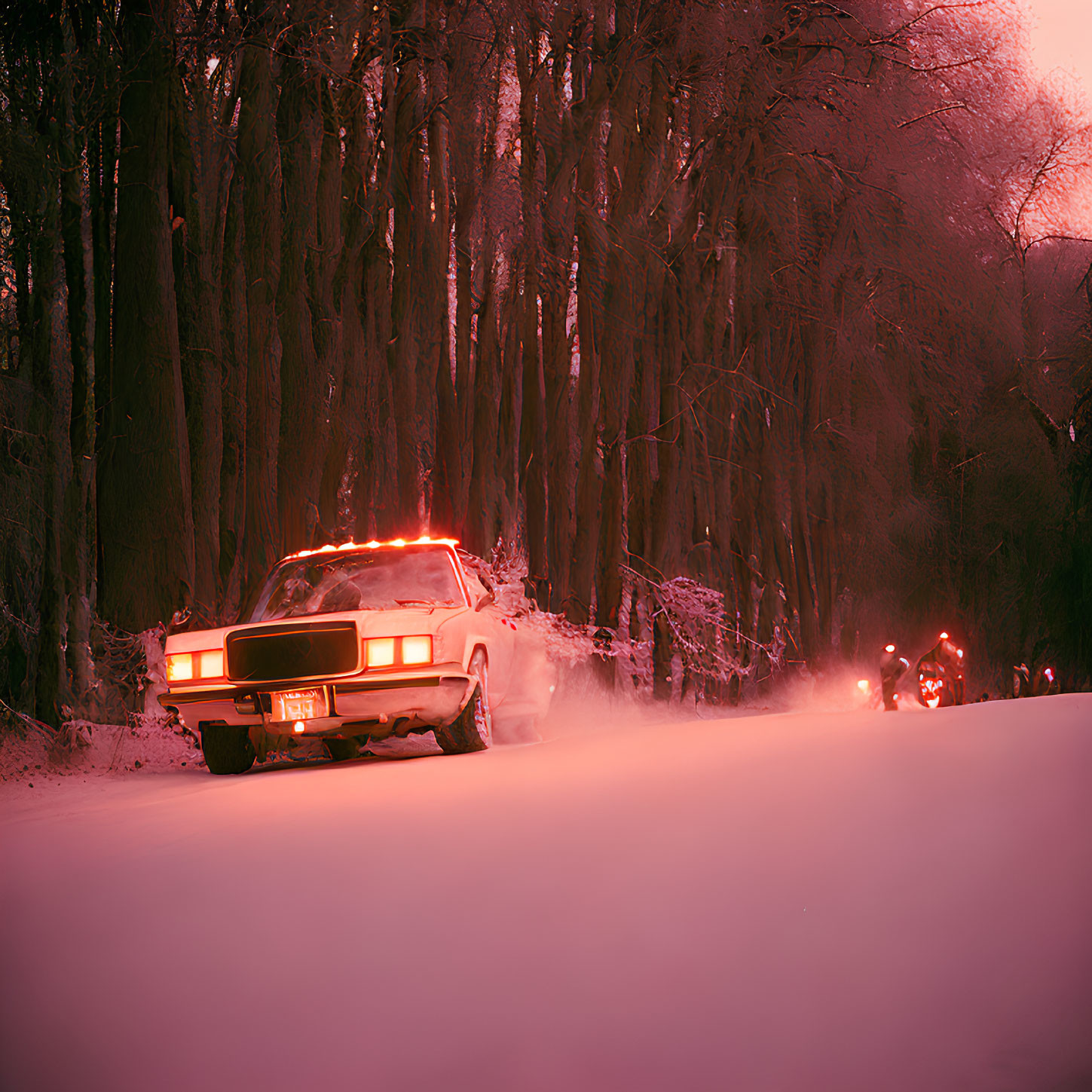 Vintage car driving in snow-covered forest at dusk with headlights on