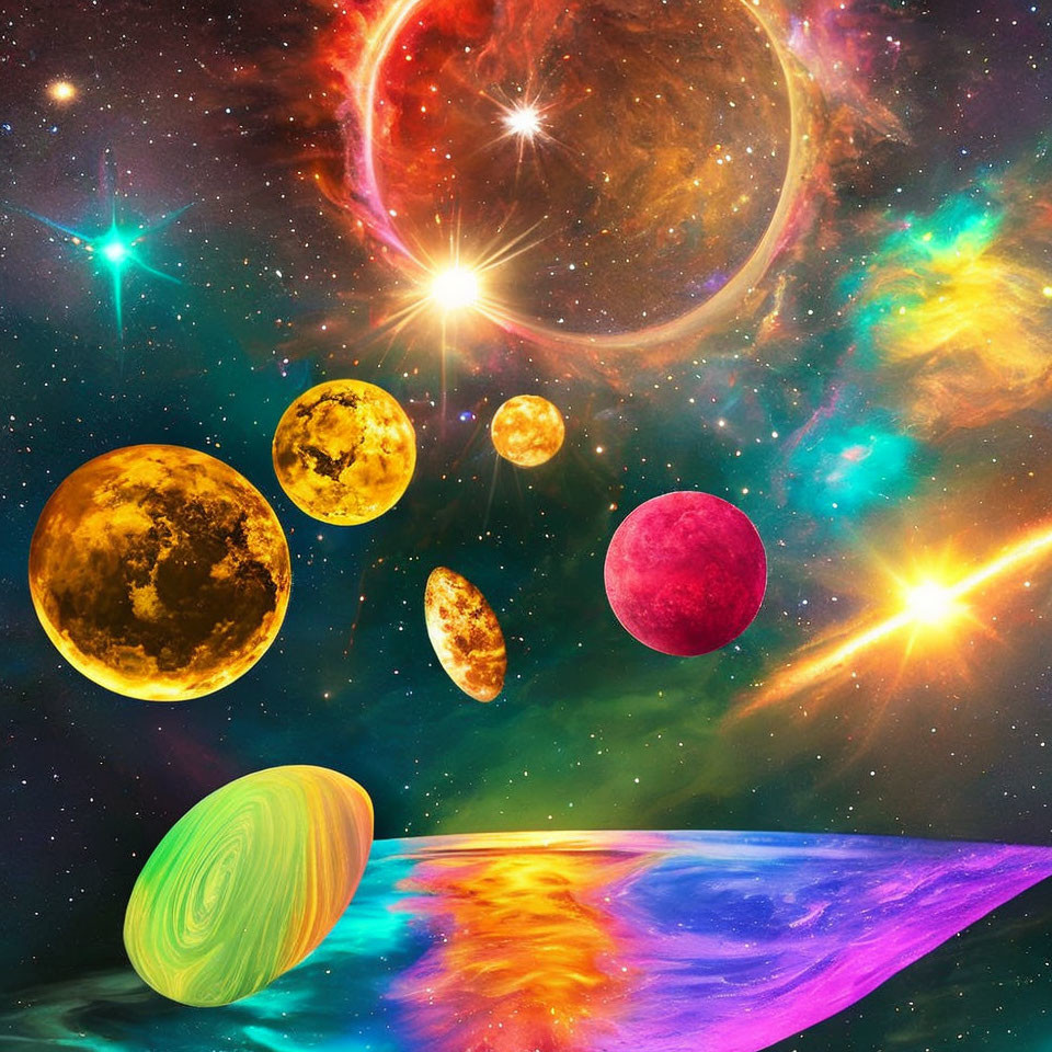 Colorful Planets, Stars, and Nebulas in Vibrant Cosmic Scene