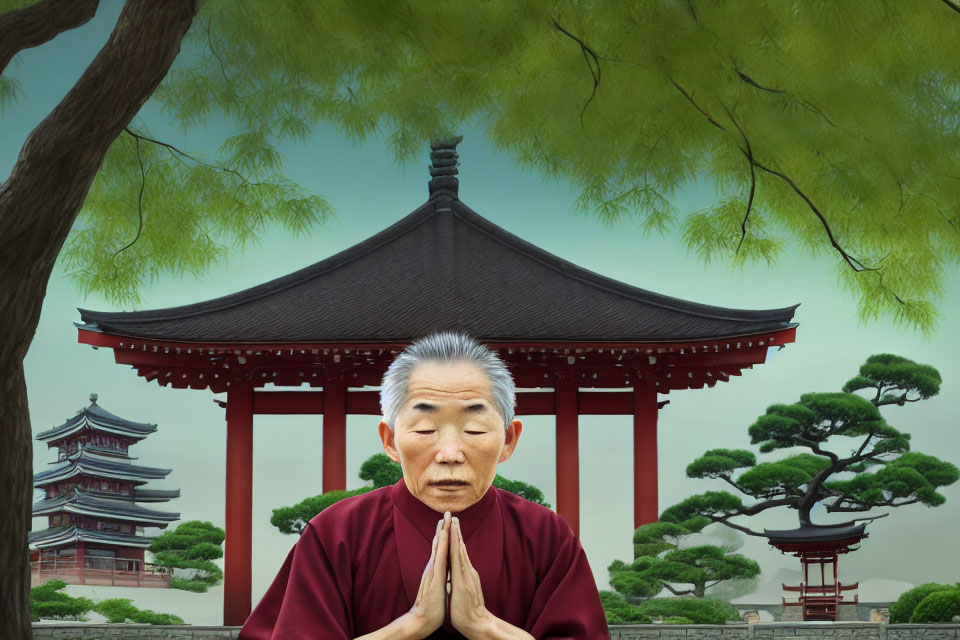 Asian Elderly Monk in Maroon Robe Praying at Temple Landscape