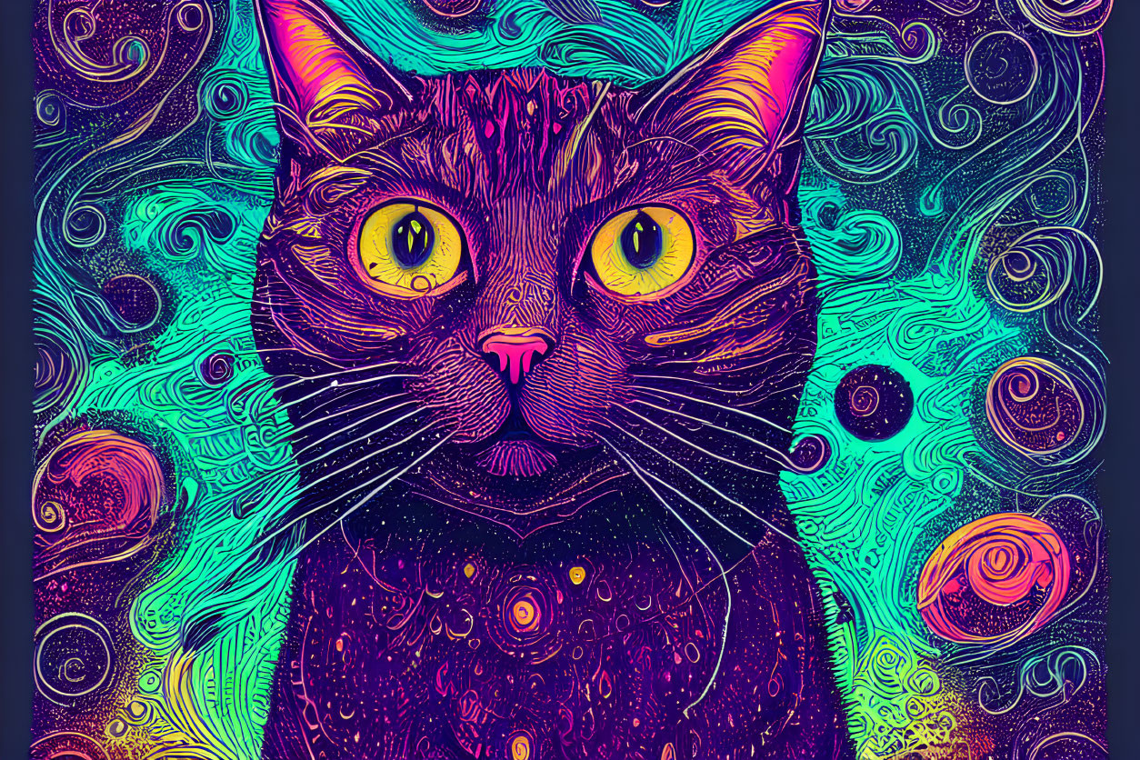 Colorful Psychedelic Cat Illustration with Yellow Eyes and Abstract Background