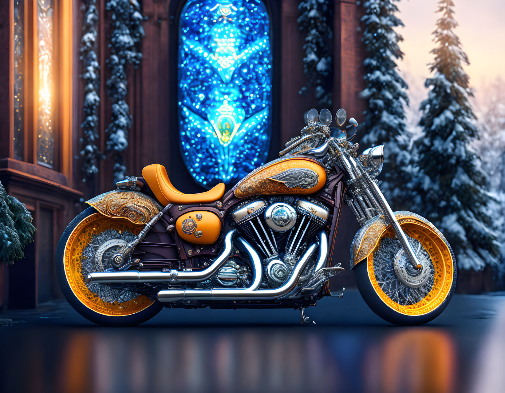 Vintage motorcycle with gold detailing parked in front of winter forest and stained-glass window